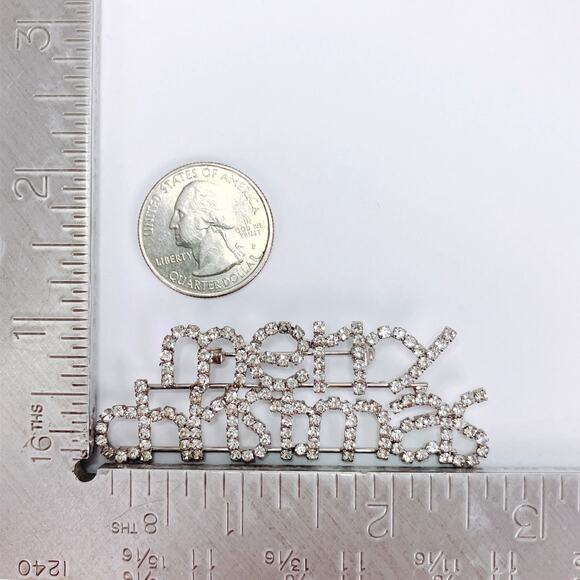 Rhinestone Merry Christmas Brooch Prong Set Silver Tone Sparkling Festive Pin - Picture 10 of 12